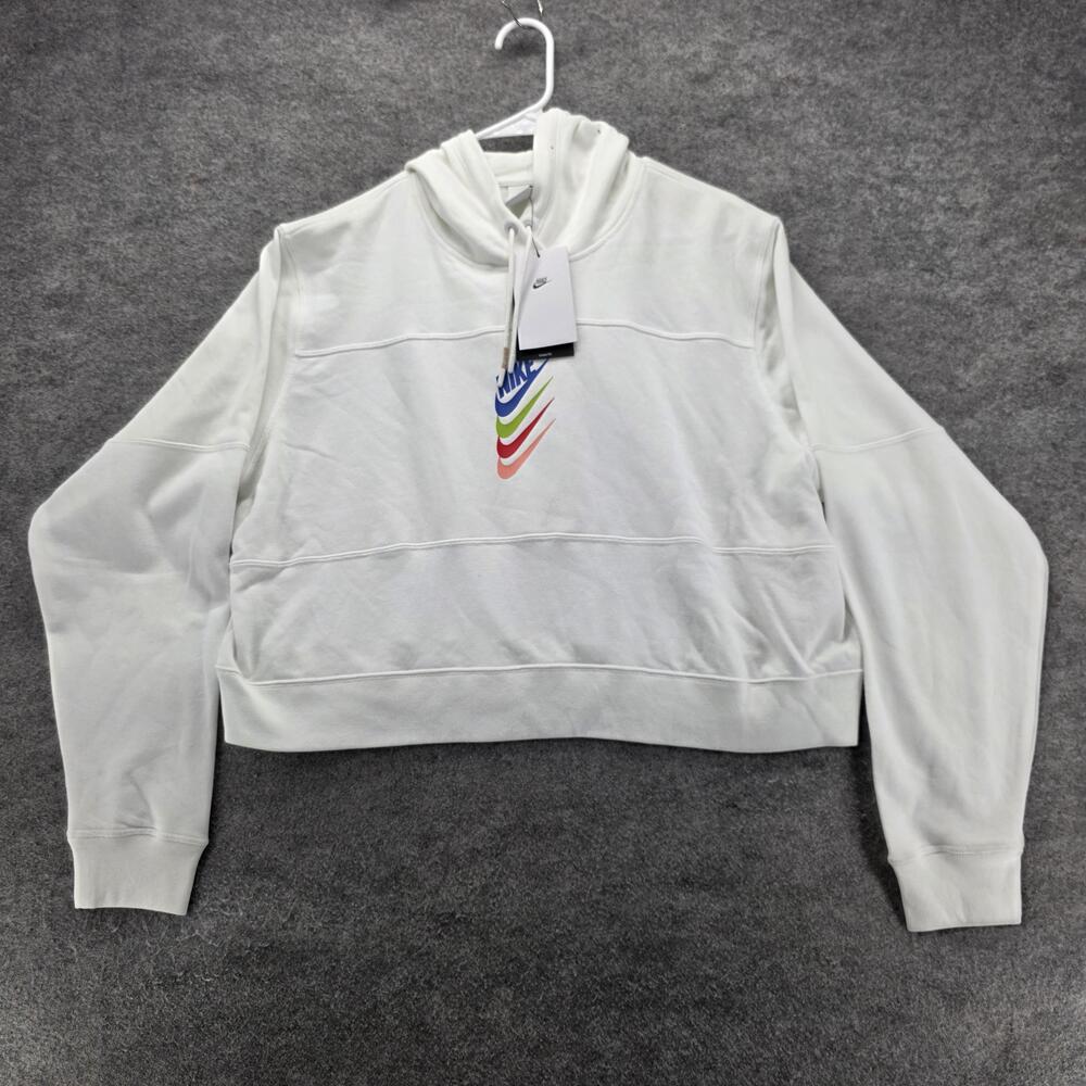 Nike Hoodie Womens Large White Loose Fit Multicolor Swoosh Sweatshirt DM6758-100